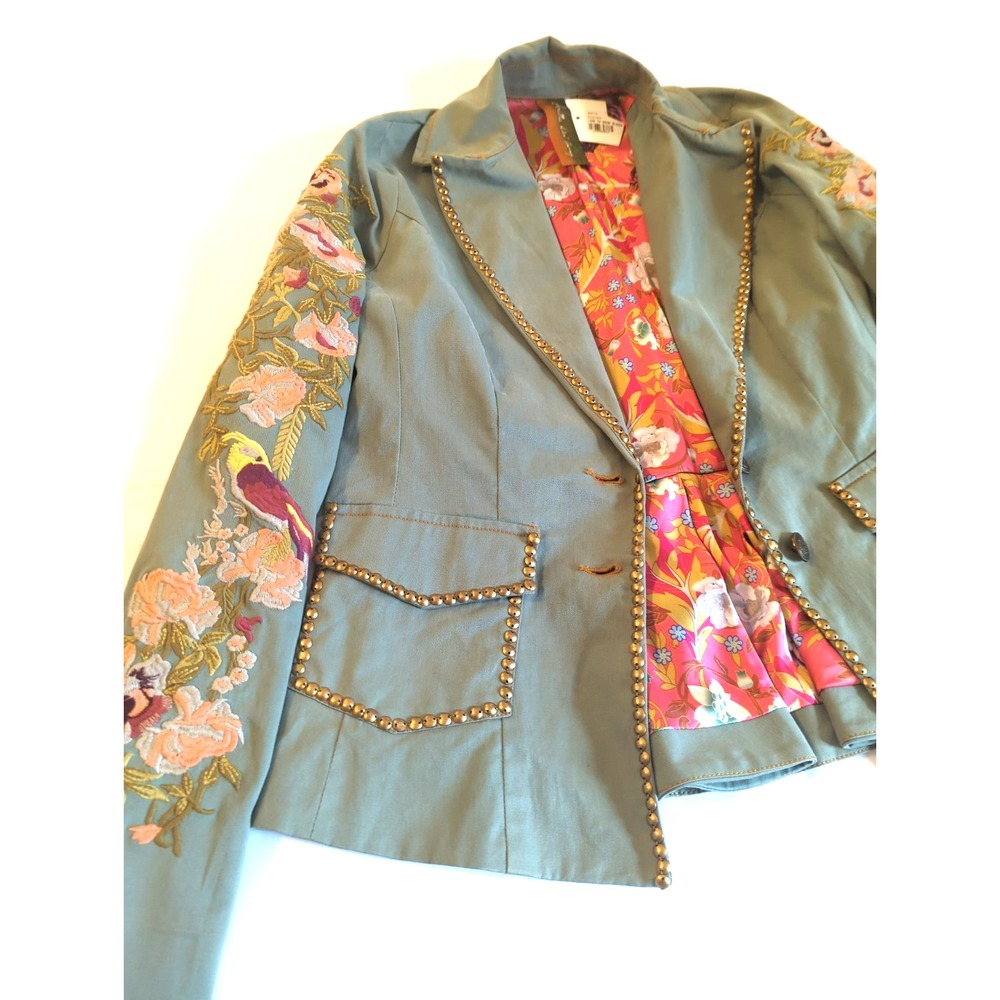 New ARATTA Time To Shine Embroidered Blazer Jacket M Green Stud Detail Boho Chic